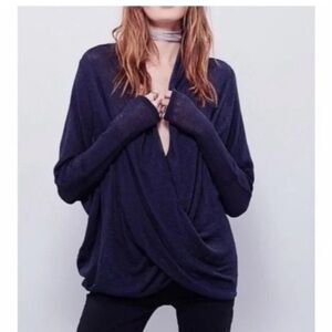 Free People Shelia Hacci Navy Blue Drape Front Top
